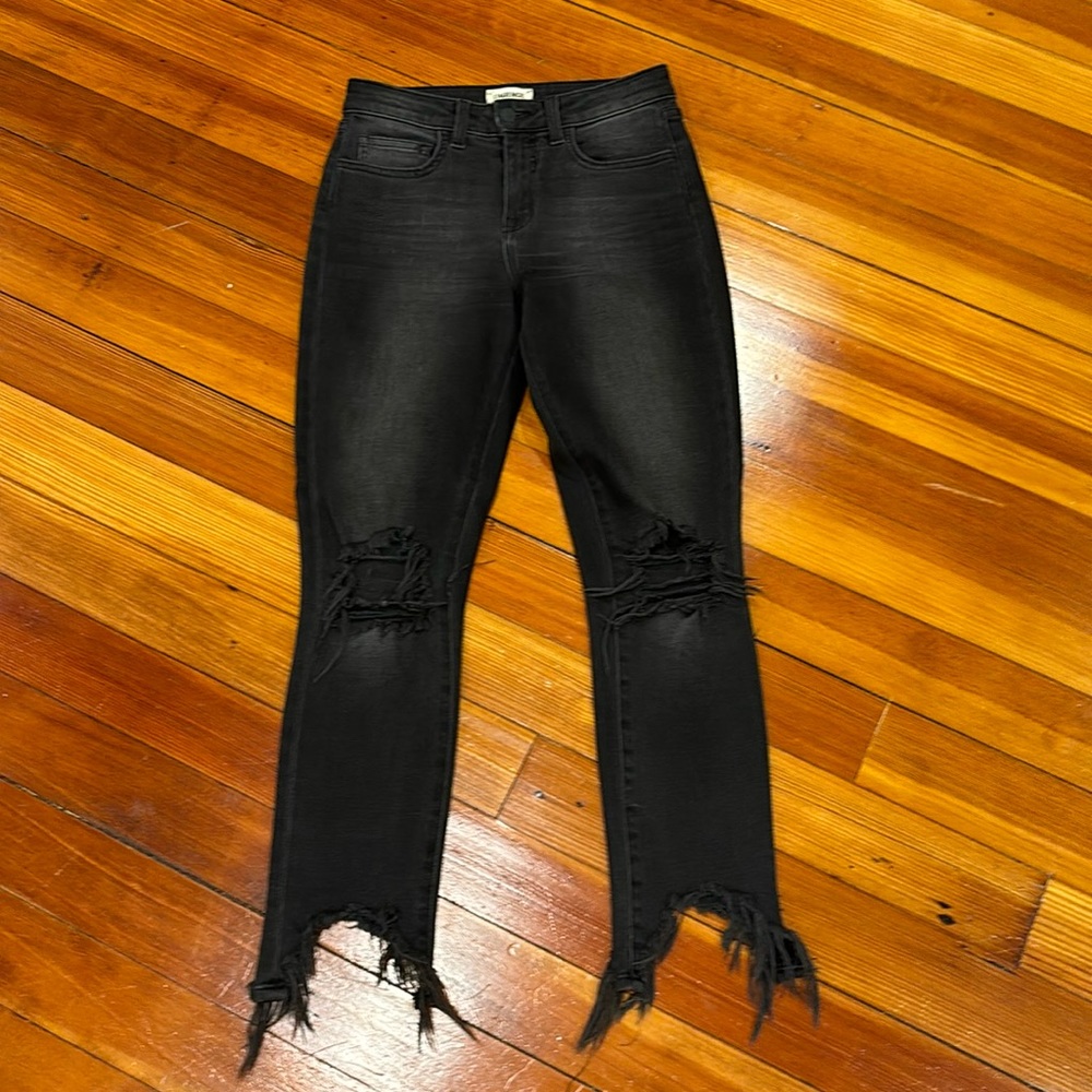 L’Agence slim straight heavily distressed jeans